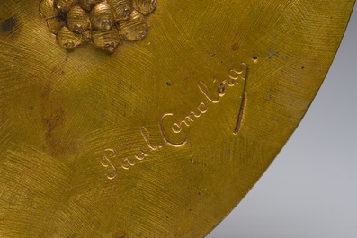 Paul Comol&eacute;ra (1813-1890): Een plaquette met reli&euml;fdecor van een vogel op een bloesemtak, verguld brons