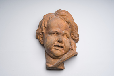 Jan Pieter van Baurscheit II (1699-1768): T&ecirc;te d'un jeune d'apr&egrave;s Fran&ccedil;ois Duquesnoy (1597-1643), terre cuite &agrave; patine, monogramm&eacute;