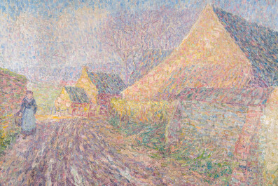 Modest Huys (1874-1932): Boerin wandelend op het toegangspad naar de boerderij, olie op doek