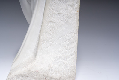 P. Simoens (19&egrave;me/20&egrave;me si&egrave;cle), suiveur de Francesco di Simone Ferrucci (1437-1493): Portrait de Barbara Manfredi en relief, marbre blanc de Carrare