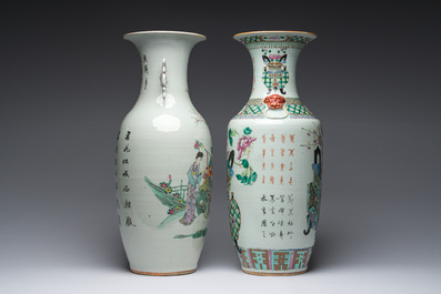 Twee Chinese famille rose vazen met bloemenmanden en Magu en een hert, 19de/20ste eeuw