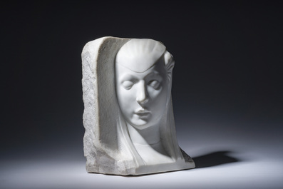 P. Simoens (19&egrave;me/20&egrave;me si&egrave;cle), suiveur de Francesco di Simone Ferrucci (1437-1493): Portrait de Barbara Manfredi en relief, marbre blanc de Carrare