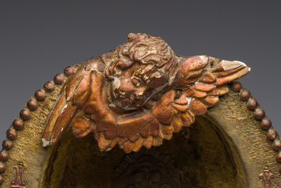 Tabernacle espagnol en bois patin&eacute; et dor&eacute; et un lutrin n&eacute;o-gothique en laiton, 18&egrave;me/20&egrave;me si&egrave;cle