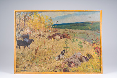 Russische school, gesigneerd Shapovalov, navolger van Arkady Alexandrovich Plastov (1893-1972): De doortocht van de fascisten, olie op doek, [1942]