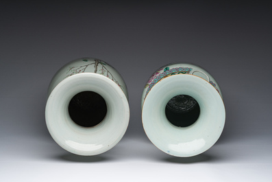 Twee Chinese famille rose vazen met bloemenmanden en Magu en een hert, 19de/20ste eeuw