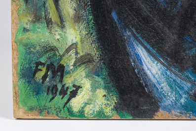 Frans Masereel (1889-1972): 'Brune au corsage bleu dans la verdure', olie op board, gedateerd 1947