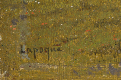 Jules Arres-Lapoque (1826-1889): Twee geanimeerde rivierlandschappen, olie op paneel