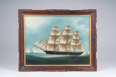 &Eacute;cole chinoise: La flotte marchande fran&ccedil;aise approchant les c&ocirc;tes de la Chine continentale ou de Hong Kong, huile sur toile, 19&egrave;me si&egrave;cle