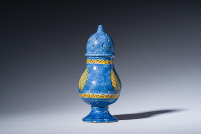 A polychrome Brussels faience caster with an animated river landscape, 18th C.