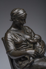 Otto De Beul (1845-1899): M&egrave;re et enfant, bronze &agrave; patin brune sur socle en marbre, marque de fonderie 'G. Paternotte fondeur Lembecq'
