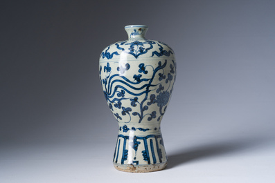 A Chinese blue and white 'phoenixes among lotus scroll' meiping vase, Ming