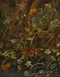 Otto Marseus Van Schrieck (1619-1678): Een paar bosstillevens met vlinders en insecten, olie op paneel