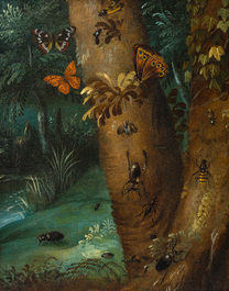 Otto Marseus Van Schrieck (1619-1678): Een paar bosstillevens met vlinders en insecten, olie op paneel