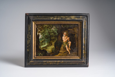 Vlaamse school, navolger van Maerten De Vos (1532-1603): Sint Paulus de Heremiet in de wildernis, olie op koper, 17de eeuw