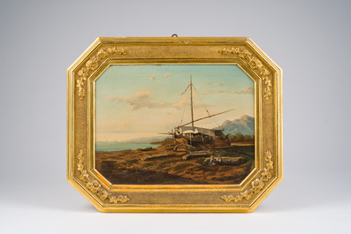 Elena Vanzetti (19&egrave;me si&egrave;cle): Un soir d'&eacute;t&eacute; dans le golfe de Naples, huile sur toile, dat&eacute; juin (18)66.