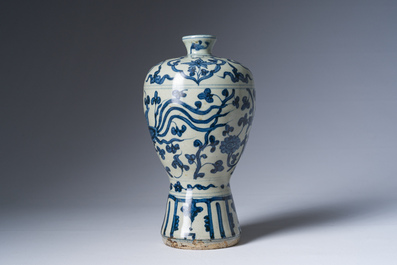 A Chinese blue and white 'phoenixes among lotus scroll' meiping vase, Ming