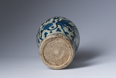 A Chinese blue and white 'phoenixes among lotus scroll' meiping vase, Ming