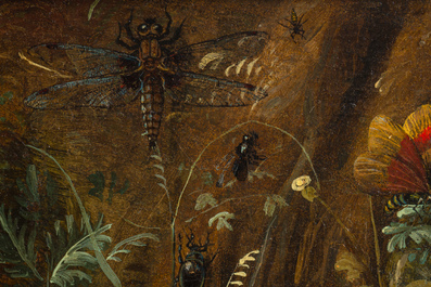 Otto Marseus Van Schrieck (1619-1678): Een paar bosstillevens met vlinders en insecten, olie op paneel