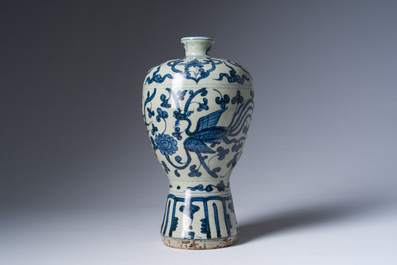 A Chinese blue and white 'phoenixes among lotus scroll' meiping vase, Ming