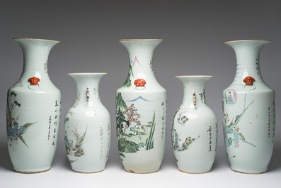 Five Chinese famille rose and qianjiang cai vases, 19th/20th C.