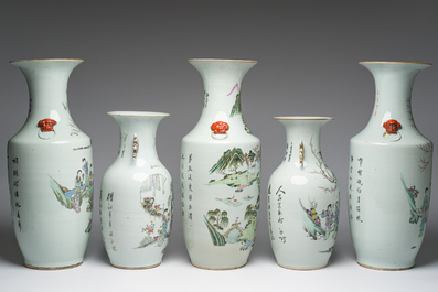 Five Chinese famille rose and qianjiang cai vases, 19th/20th C.