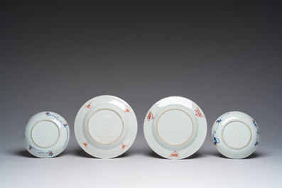 A pair of Chinese sancai roof tiles, a pair of famille rose plates and a pair of Imari style plates, Ming and later