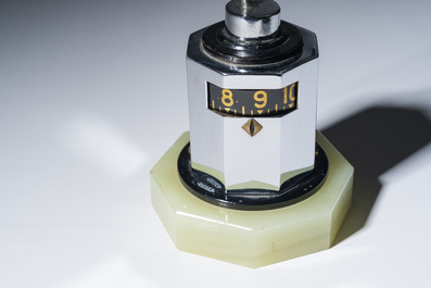 A rare Jaeger LeCoultre chrome-plated metal 'partner duo' desk clock crowned with a javelin thrower on an onyx marble base, 1930s