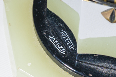 A rare Jaeger LeCoultre chrome-plated metal 'partner duo' desk clock crowned with a javelin thrower on an onyx marble base, 1930s