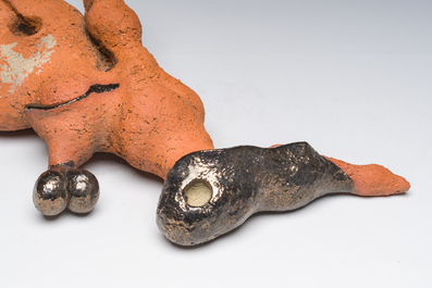 Yves Rhay&eacute; (1936-1995): Composition avec un lapin, terre cuite partiellement &eacute;maill&eacute;e