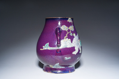 A Chinese flamb&eacute; glazed 'hu' vase with figurative design, 20th C.