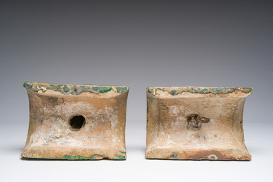 A pair of Chinese sancai roof tiles, a pair of famille rose plates and a pair of Imari style plates, Ming and later