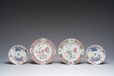 A pair of Chinese sancai roof tiles, a pair of famille rose plates and a pair of Imari style plates, Ming and later