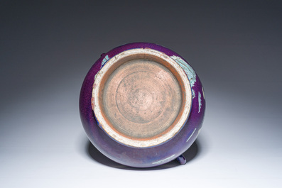 A Chinese flamb&eacute; glazed 'hu' vase with figurative design, 20th C.