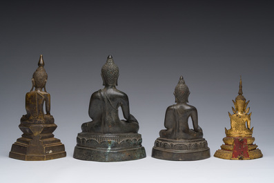 Quatre sculptures de Bouddha en bronze partiellement dor&eacute;, Tha&iuml;lande et Cambodge, 19&egrave;me/20&egrave;me si&egrave;cle