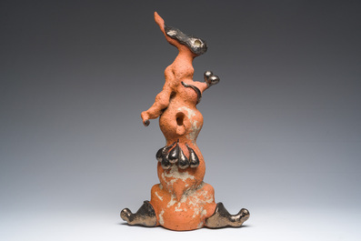 Yves Rhay&eacute; (1936-1995): Composition avec un lapin, terre cuite partiellement &eacute;maill&eacute;e