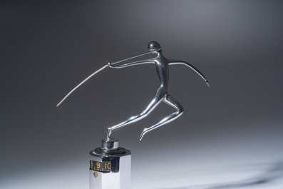 A rare Jaeger LeCoultre chrome-plated metal 'partner duo' desk clock crowned with a javelin thrower on an onyx marble base, 1930s