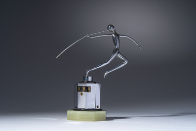 A rare Jaeger LeCoultre chrome-plated metal 'partner duo' desk clock crowned with a javelin thrower on an onyx marble base, 1930s