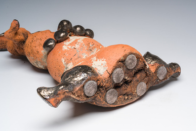 Yves Rhay&eacute; (1936-1995): Composition avec un lapin, terre cuite partiellement &eacute;maill&eacute;e