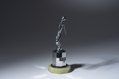 A rare Jaeger LeCoultre chrome-plated metal 'partner duo' desk clock crowned with a javelin thrower on an onyx marble base, 1930s