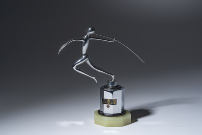 A rare Jaeger LeCoultre chrome-plated metal 'partner duo' desk clock crowned with a javelin thrower on an onyx marble base, 1930s