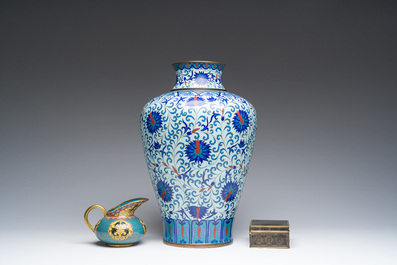 A Chinese cloisonn&eacute; 'meiping' vase with lotus scrolls, a ewer and a rectangular box and cover, 19th/20th C.