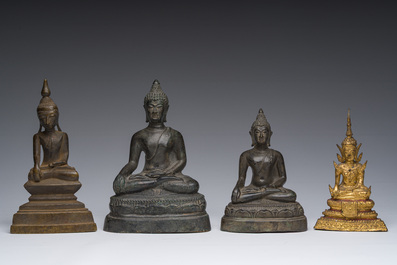 Quatre sculptures de Bouddha en bronze partiellement dor&eacute;, Tha&iuml;lande et Cambodge, 19&egrave;me/20&egrave;me si&egrave;cle