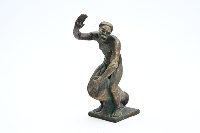 Arthur Dupagne (1895-1961): Le joueur de tam-tam, pl&acirc;tre patin&eacute; bronze