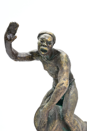 Arthur Dupagne (1895-1961): Le joueur de tam-tam, pl&acirc;tre patin&eacute; bronze