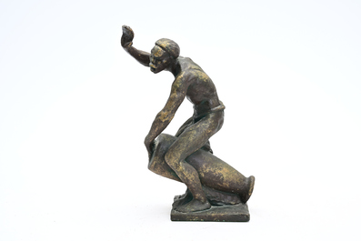 Arthur Dupagne (1895-1961): Le joueur de tam-tam, pl&acirc;tre patin&eacute; bronze
