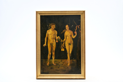 Europese school, navolger van Albrecht D&uuml;rer (1471-1528): Adam en Eva, olie op paneel, 19de/20ste eeuw