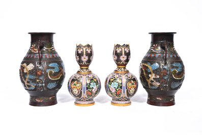 A pair of Chinese cloisonn&eacute; tulip-shaped vases and a pair of Japanese champlev&eacute; 'dragon' vases, 19th/20th C.
