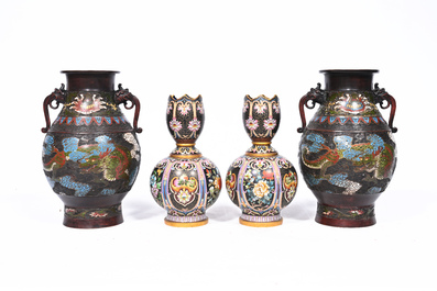 A pair of Chinese cloisonn&eacute; tulip-shaped vases and a pair of Japanese champlev&eacute; 'dragon' vases, 19th/20th C.