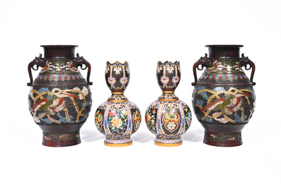 A pair of Chinese cloisonn&eacute; tulip-shaped vases and a pair of Japanese champlev&eacute; 'dragon' vases, 19th/20th C.