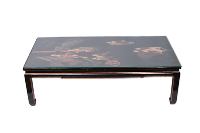 A Chinese polychrome painted lacquer panel mounted as a table, Qing and 20th C.